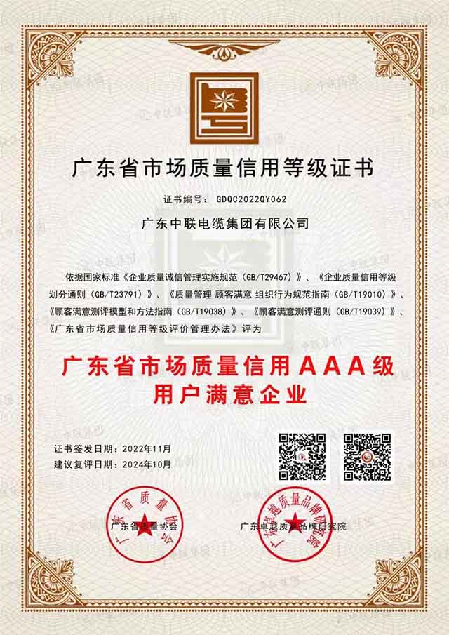 广东省市场质量信用评级“双AAA”证书